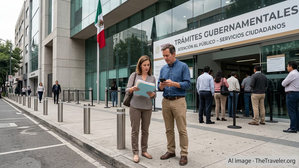 Expats with documents outside a modern Mexican government office in Mexico City