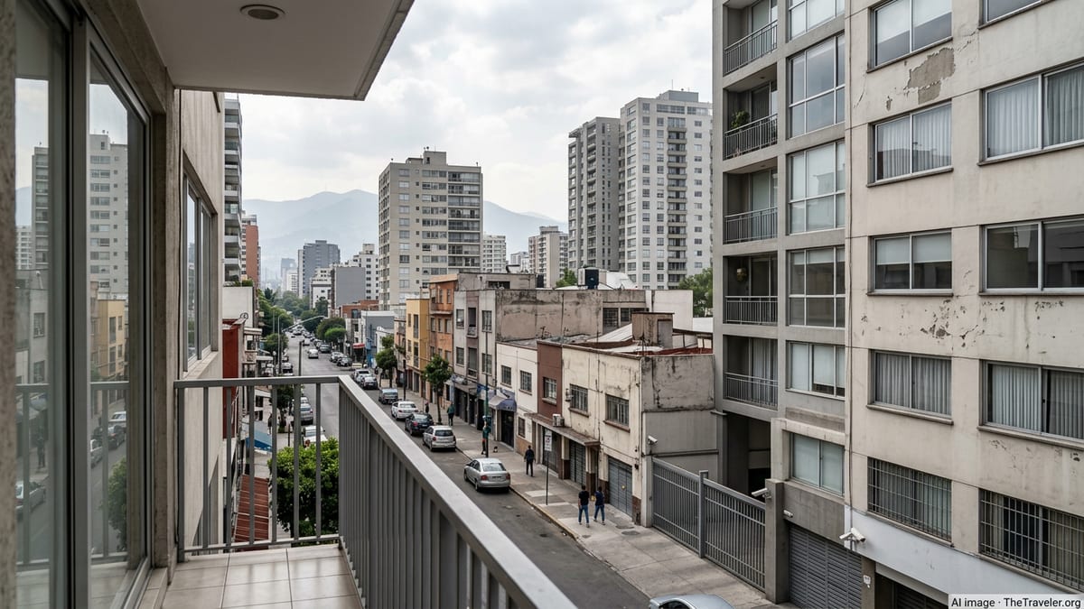 Mexico City residential skyline with gated buildings and subdued daylight, viewed from an elevated balcony.