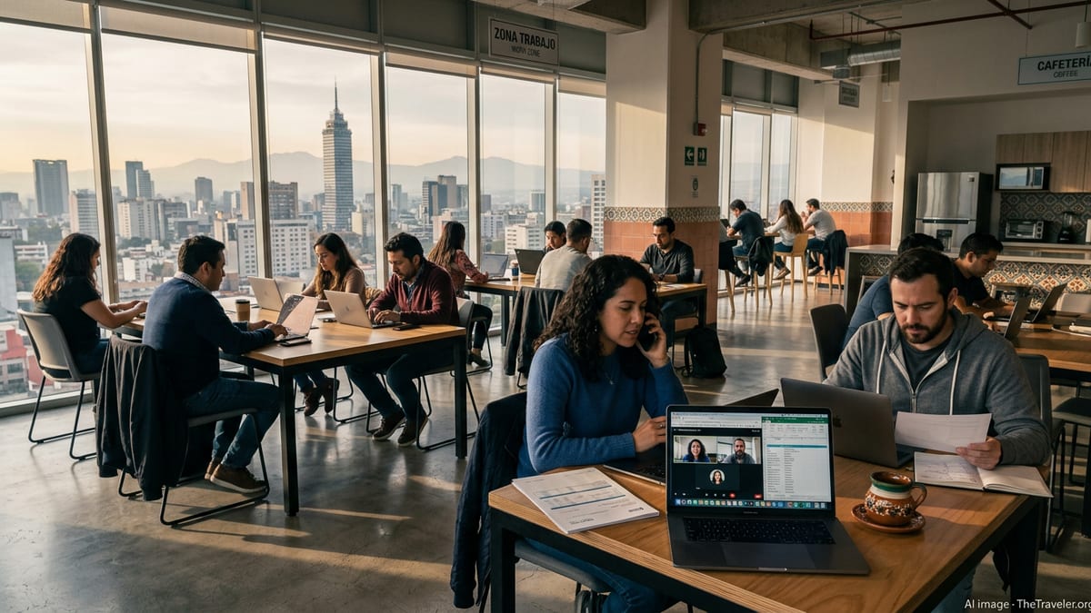 Remote workers in a Mexico City coworking space reviewing documents and working on laptops.
