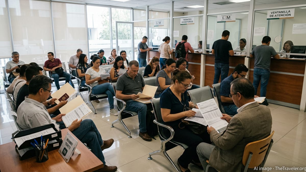 Foreign nationals review paperwork in a Mexican immigration office waiting area.