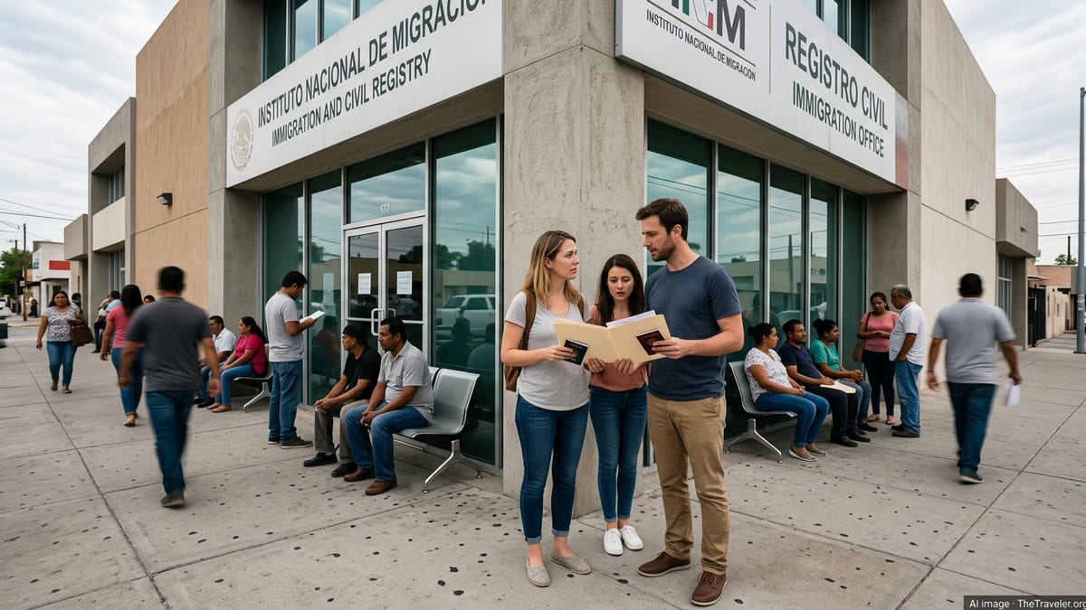 Foreign applicants with documents outside a Mexican immigration office, looking concerned.