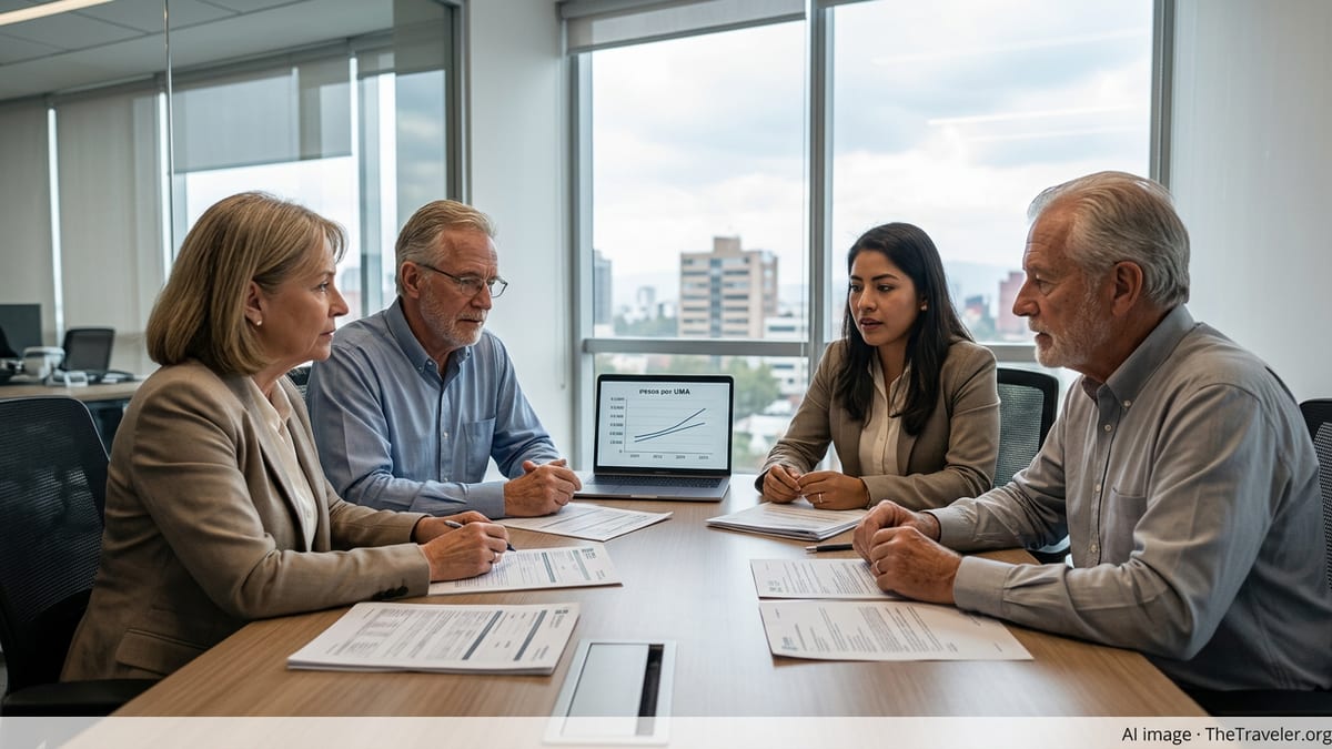 Foreign retirees reviewing income documents for Mexico residency with an advisor in a Mexico City office.