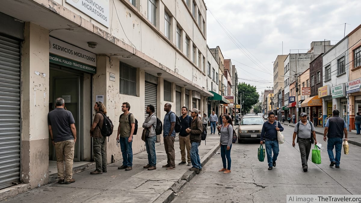 Foreign nationals queue outside a Mexican government office in Mexico City, suggesting changing residency rules.