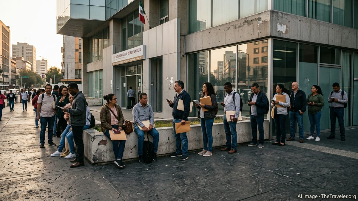 People waiting outside a Mexican immigration office, holding documents, in late afternoon light.