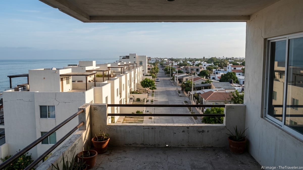 Mexican coastal condominiums and inland neighborhood illustrating restricted zone boundary.