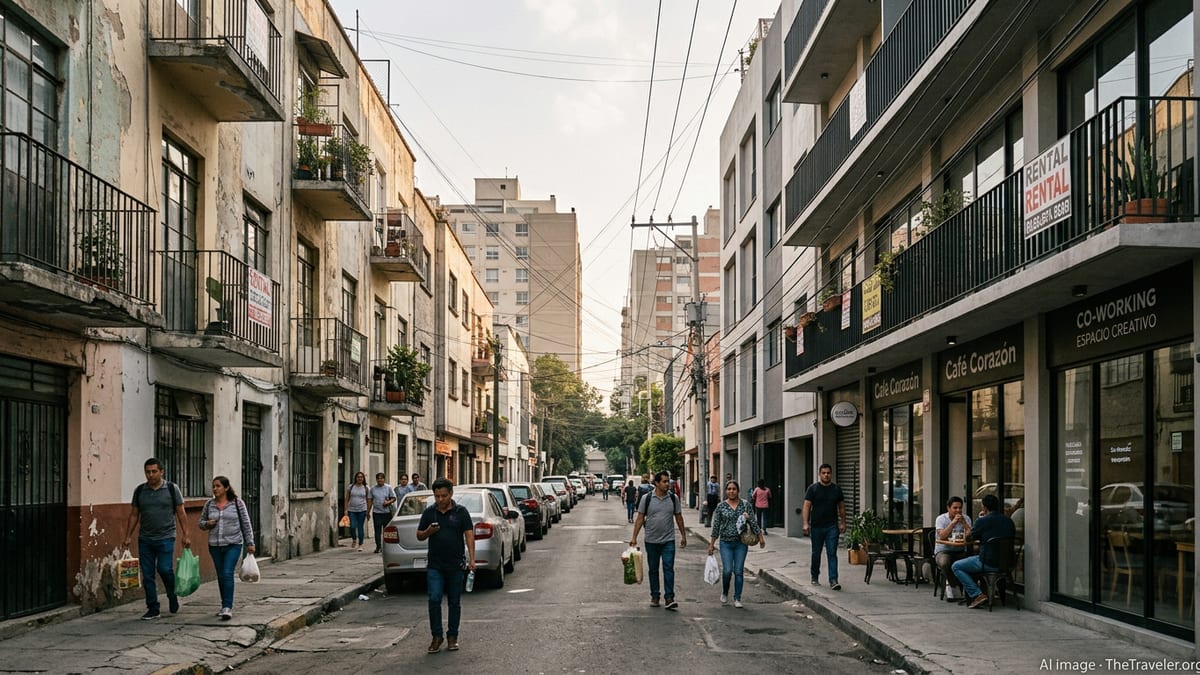 Mexico City street with older apartments and modern cafes reflecting rising living costs.