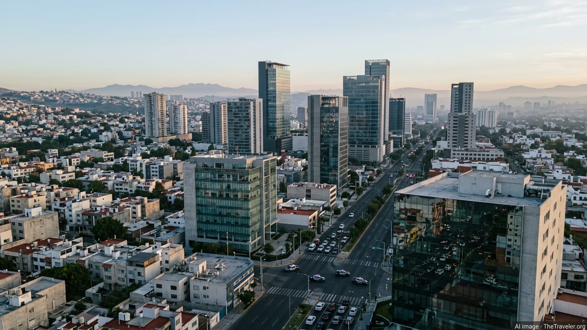 Dawn view over a large Mexican city showing mixed high rises and neighborhoods under soft light.