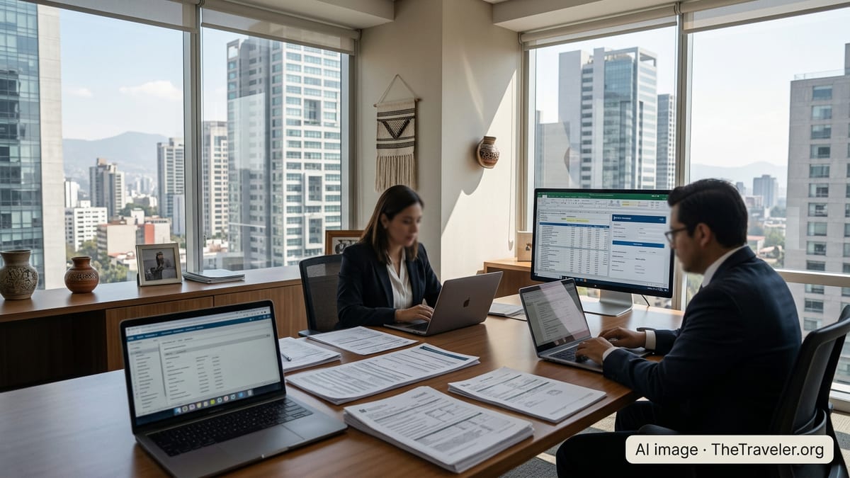Tax consultants in a Mexico City office reviewing complex digital tax documents.