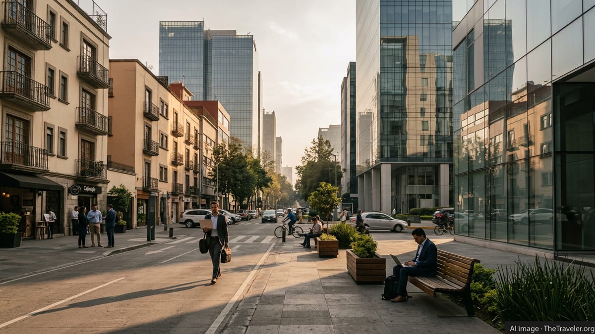 Business district in Mexico City with professionals walking near modern offices