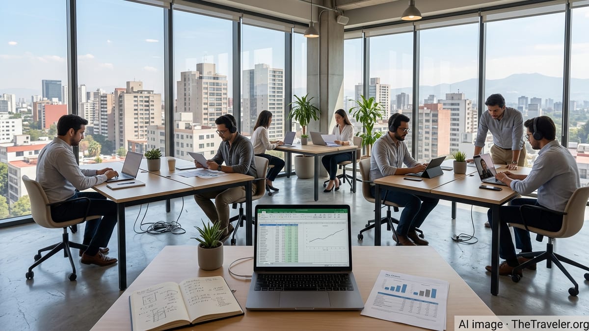 Remote workers in a modern Mexico City coworking space reviewing financial documents.