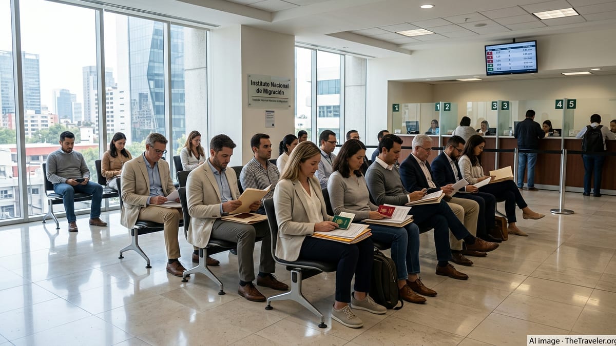Foreign applicants waiting with documents at a Mexican immigration office in Mexico City.