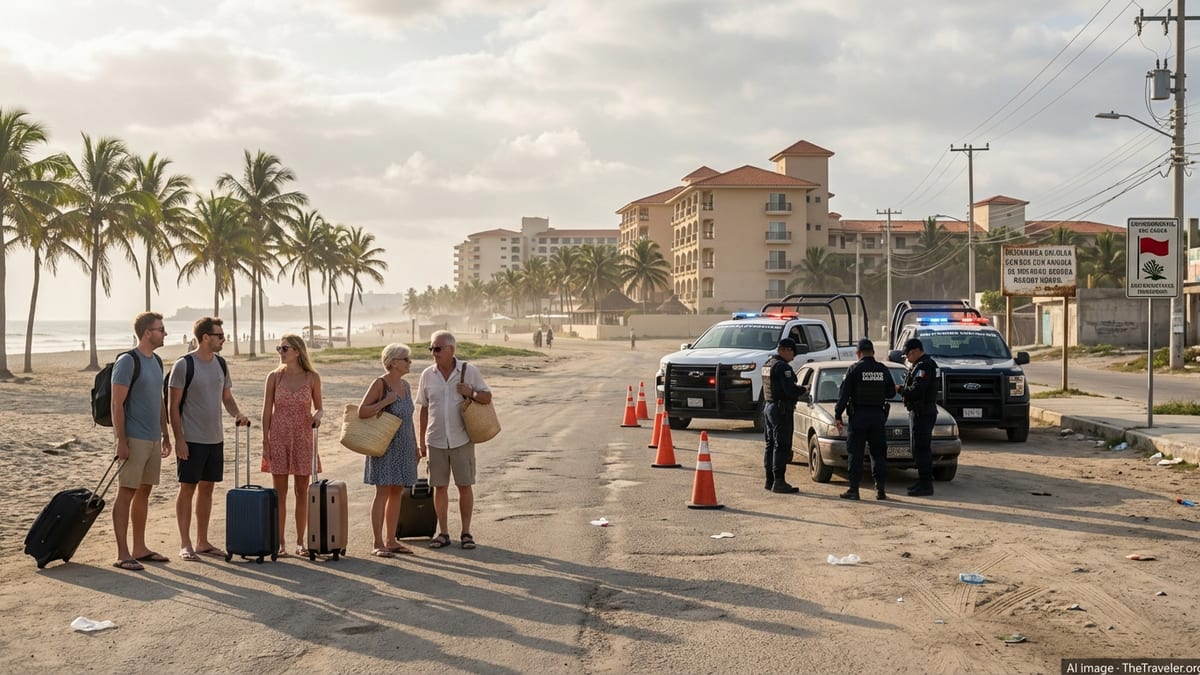 Tourists with luggage pause near a security checkpoint by a Mexican beach resort road at dusk.