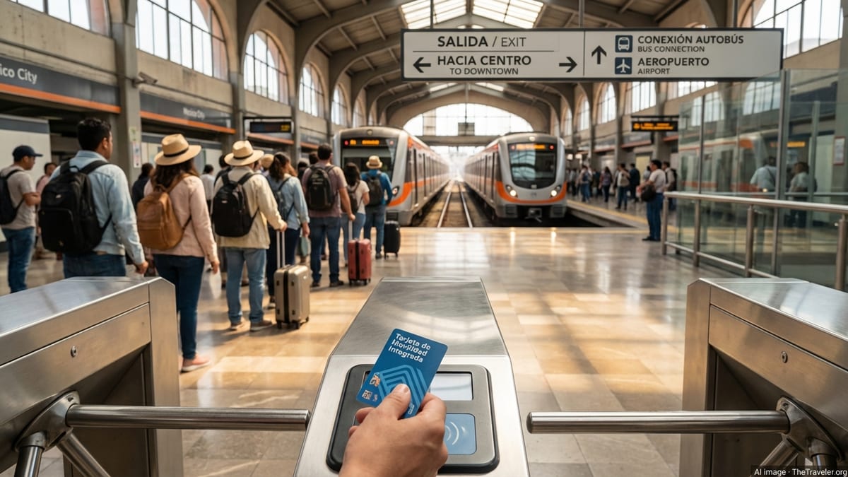 Travelers tapping a metro card at a Mexico City station turnstile.