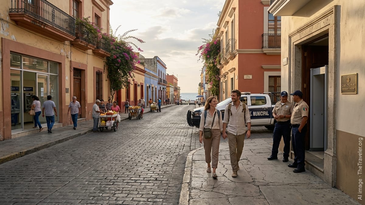 Travelers walking along a colorful Mexican street with discreet visible security at sunset.