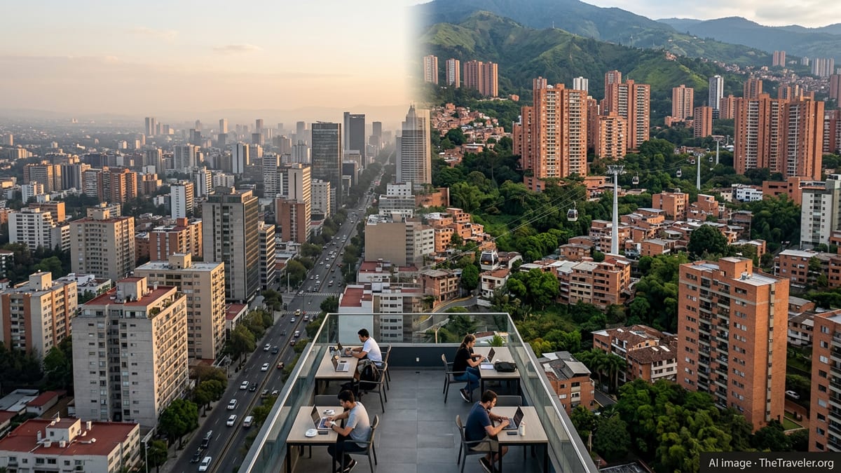 Panoramic view comparing Mexico City and Medellín skylines at sunset, highlighting dense urban infrastructure for digital nom