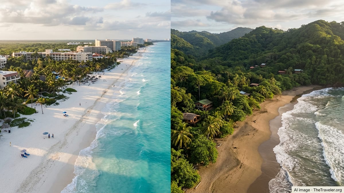 Aerial view comparing a resort-lined Mexican beach with a jungle-fringed Costa Rican cove at sunrise.