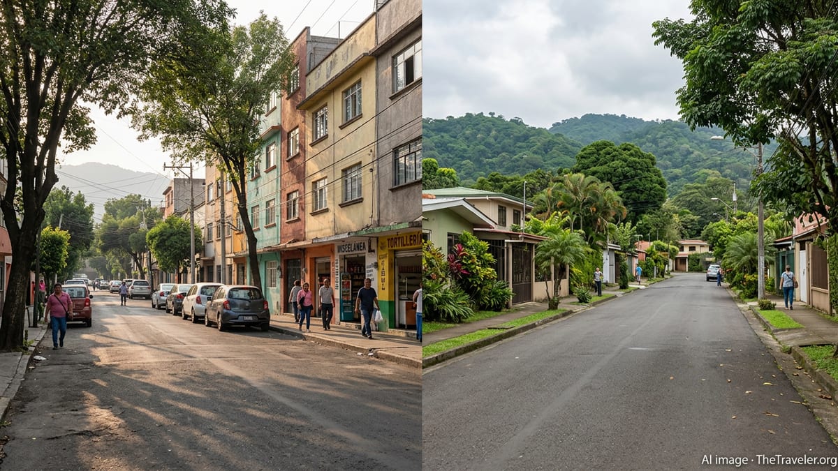 Residential streets in Mexico and Costa Rica showing everyday urban environments for relocation comparison.