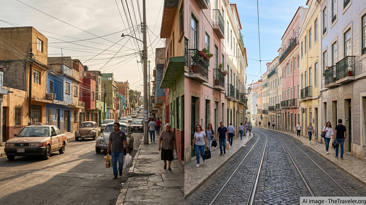 Split-view city street scene comparing everyday neighborhoods in Mexico and Portugal.
