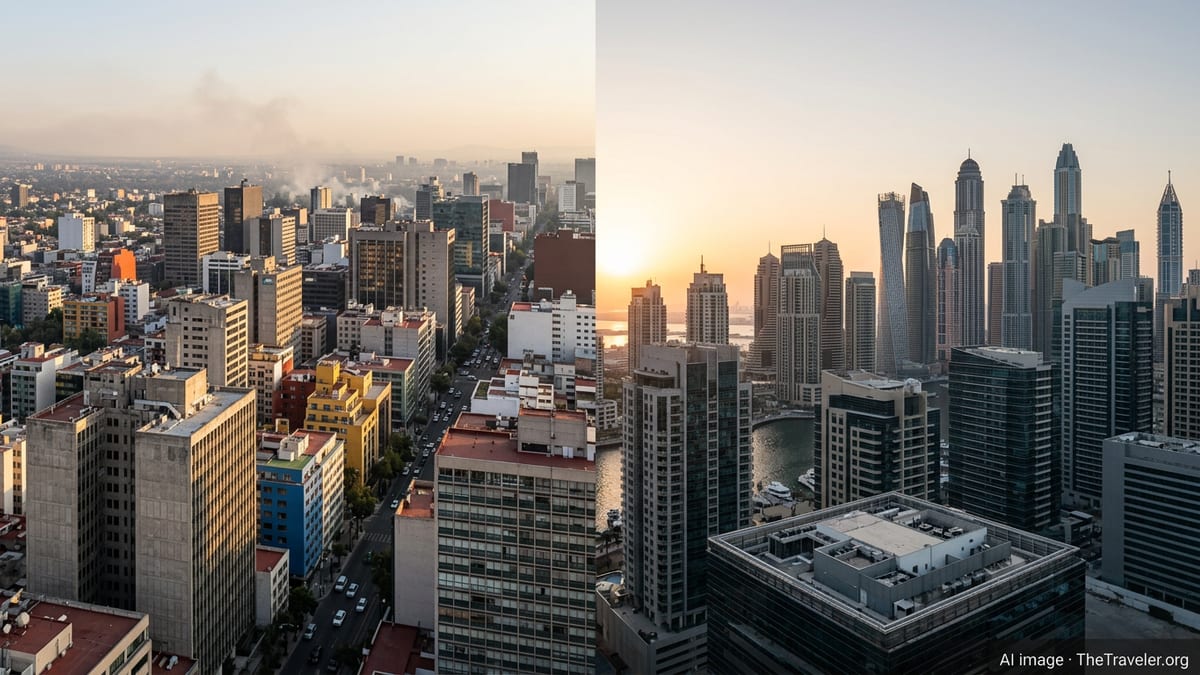 Side-by-side skyline view of Dubai Marina and Mexico City financial district at sunset.