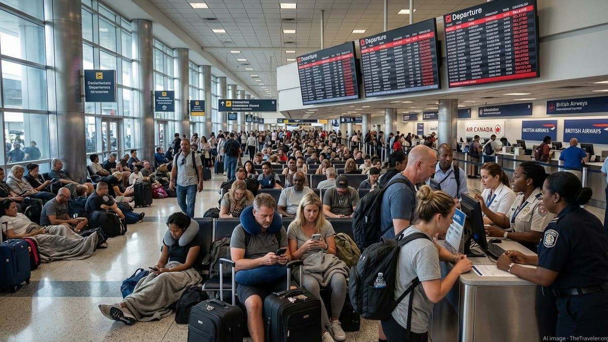 Crowded Miami International Airport terminal with passengers waiting under boards showing multiple delayed and canceled US, U
