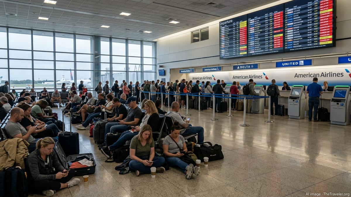Stranded travelers wait in crowded Miami International Airport as departure boards show multiple delayed and canceled flights
