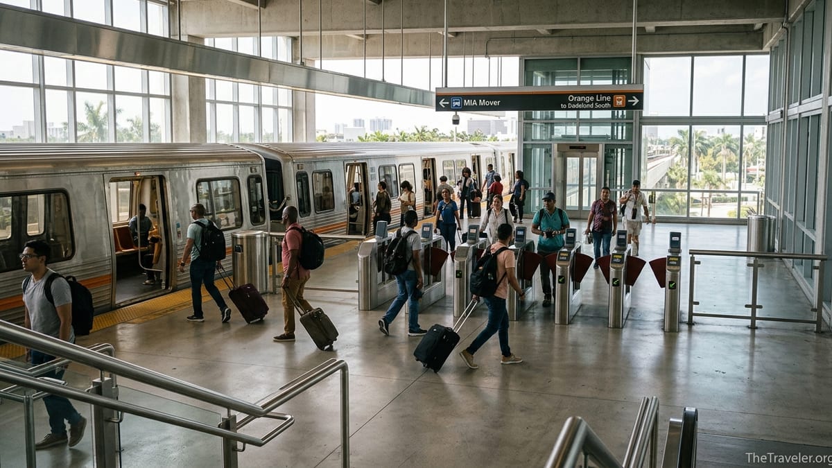 Passengers with luggage boarding the Orange Line train at Miami Airport Metrorail station.