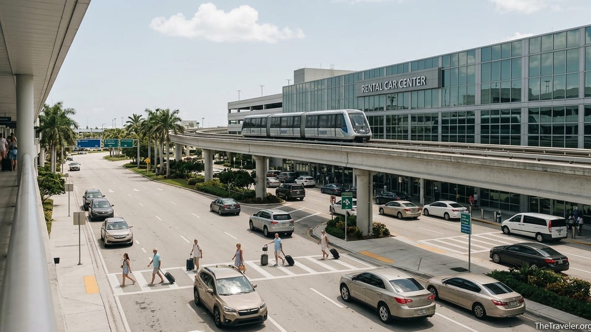 MIA Mover train arriving at Miami Airport Rental Car Center with travelers and rental cars.