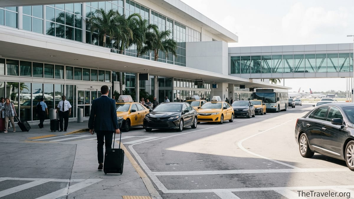 Curbside taxi and rideshare pickup area outside Miami International Airport on a sunny day.