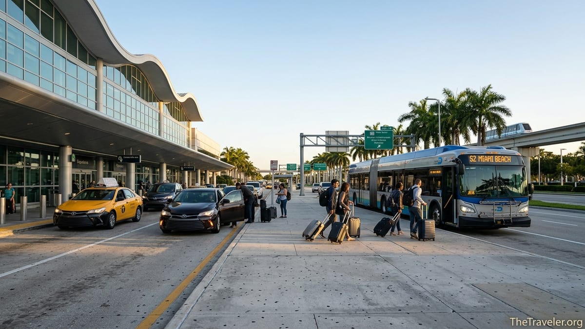 Travelers boarding bus and taxis outside Miami International Airport at sunrise