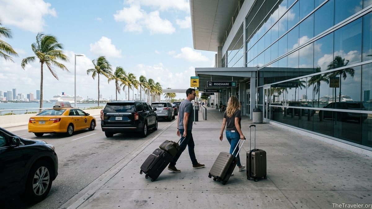 Travelers with luggage at Miami International Airport heading to taxis and rideshares for PortMiami cruise transfer.