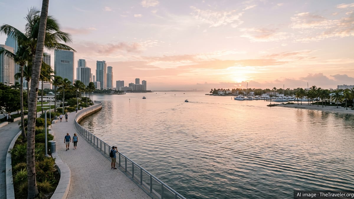 Morning waterfront view linking Miami skyline with quieter Florida Gulf Coast marinas and beaches.
