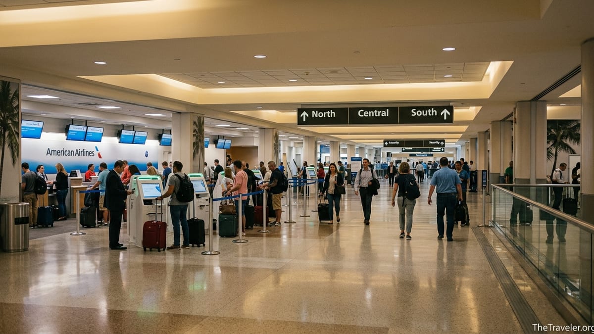 Busy departures hall at Miami International Airport with travelers checking in and walking toward security.