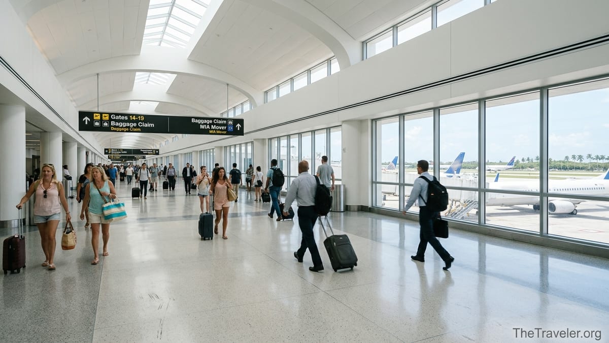 Busy concourse at Miami International Airport with travelers walking toward gates and large windows showing planes outside.