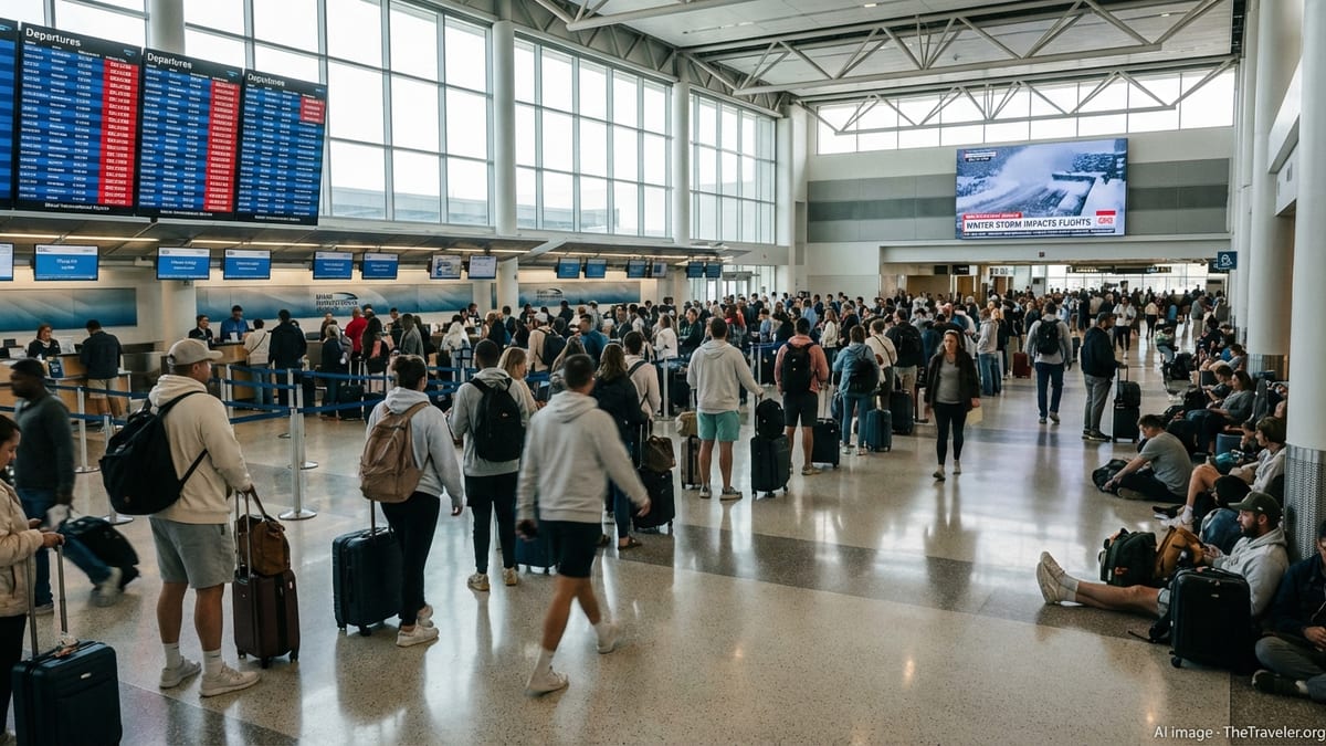 Crowded departure hall at Miami International Airport with long lines and delayed flights on screens.