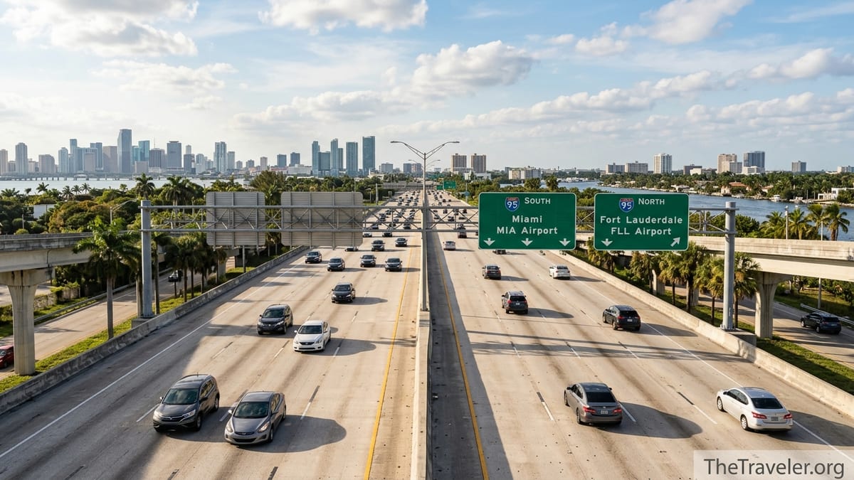 Highway signs pointing to Miami and Fort Lauderdale airports with both skylines in the distance.