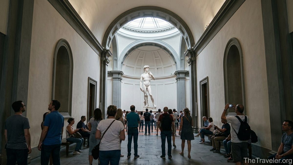 Visitors inside Florence’s Accademia Gallery looking up at Michelangelo’s David under the domed skylight.