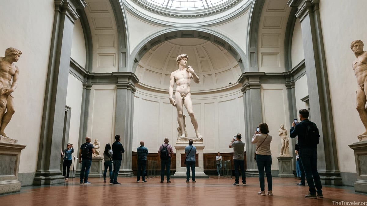Travelers admiring Michelangelo’s David under the domed skylight of Florence’s Galleria dell’Accademia.
