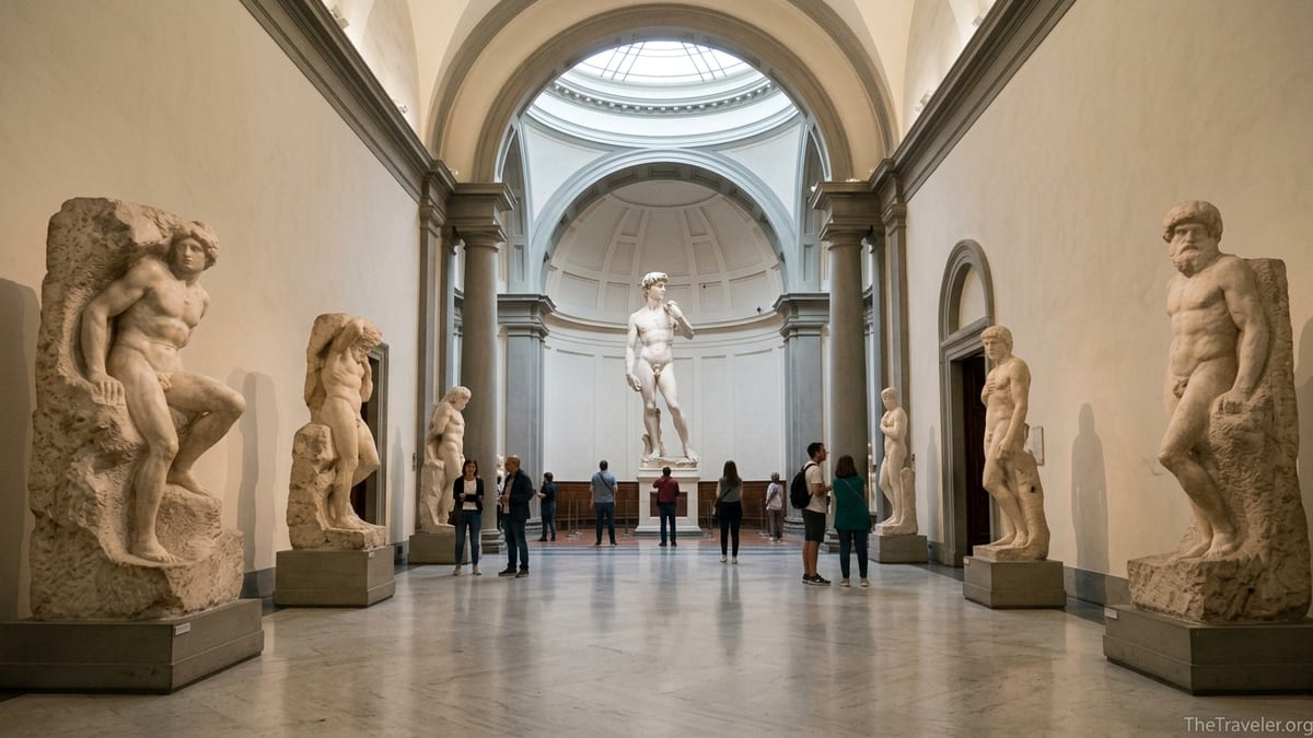 Visitors quietly admire Michelangelo’s David and the Prisoners in the Tribuna of Florence’s Accademia Gallery.