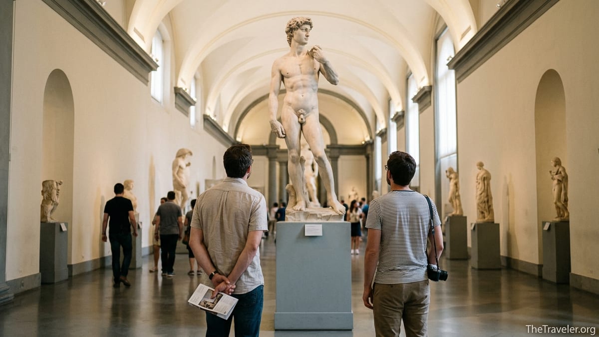 Travelers quietly viewing Michelangelo’s David inside the Galleria dell’Accademia in Florence.