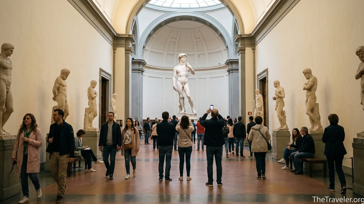 Visitors inside Florence’s Galleria dell’Accademia looking toward Michelangelo’s David.