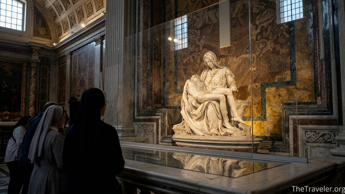 Visitors quietly viewing Michelangelo’s Pietà behind glass in St Peter’s Basilica, Vatican City.