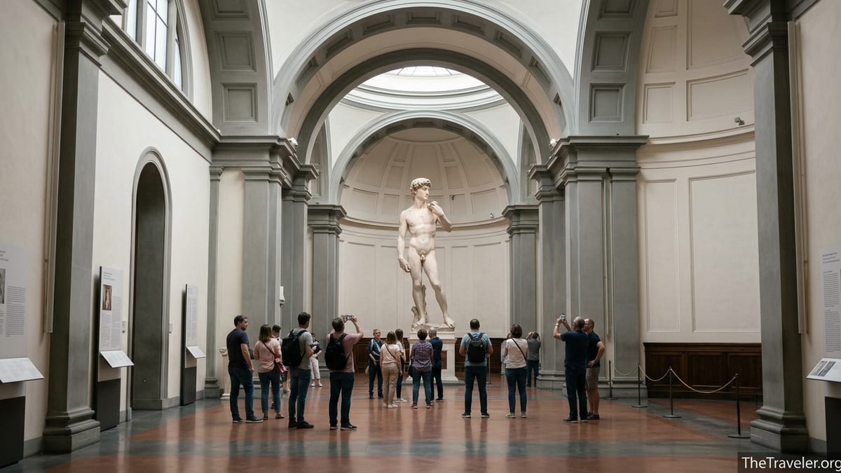 Visitors inside Florence’s Accademia Gallery looking up at Michelangelo’s statue of David at the end of a bright vaulted hall