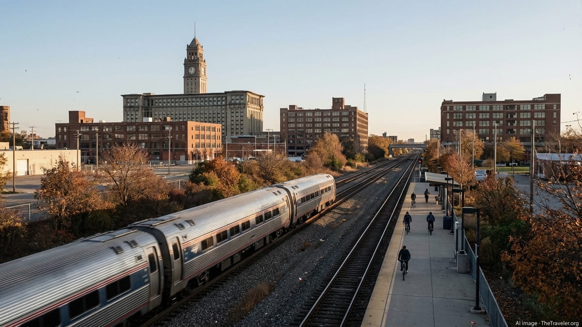 Modern passenger train passes near Detroit’s Michigan Central Station under clear afternoon light.