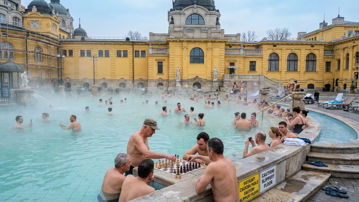 Mid-winter scene at Széchenyi Thermal Bath in Budapest with diverse adult bathers. 