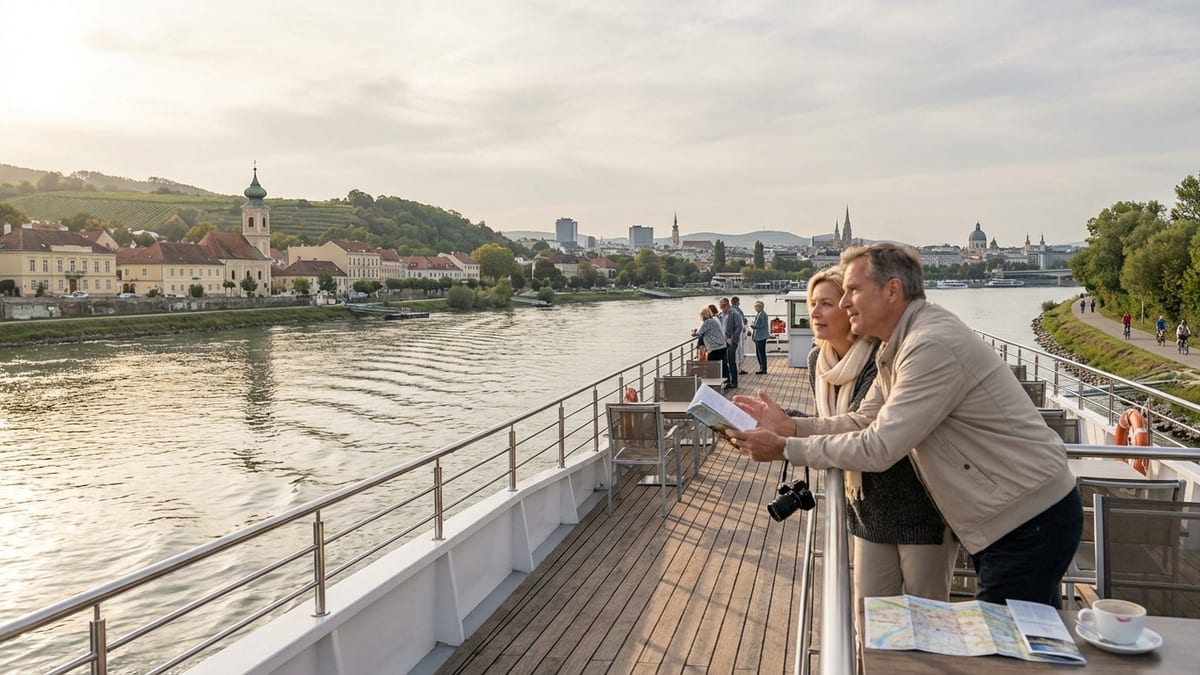 Middle-aged couple enjoying a scenic river cruise along the Danube at golden hour. 