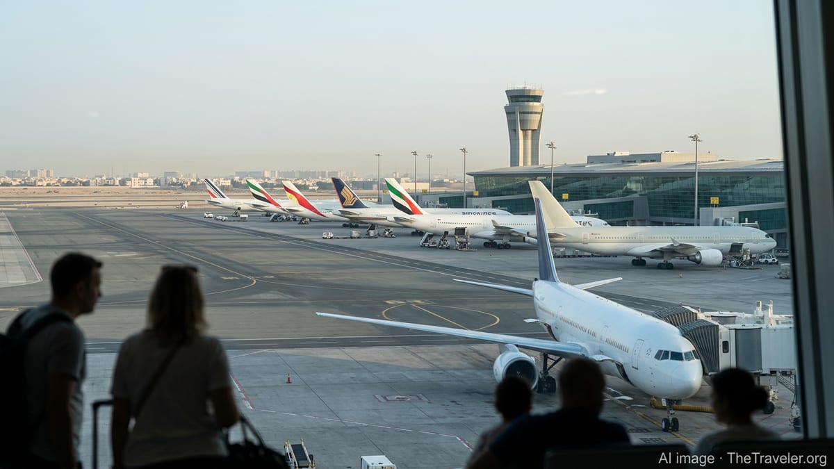 Grounded airliners at a quiet Middle Eastern hub seen from a terminal window at dawn.
