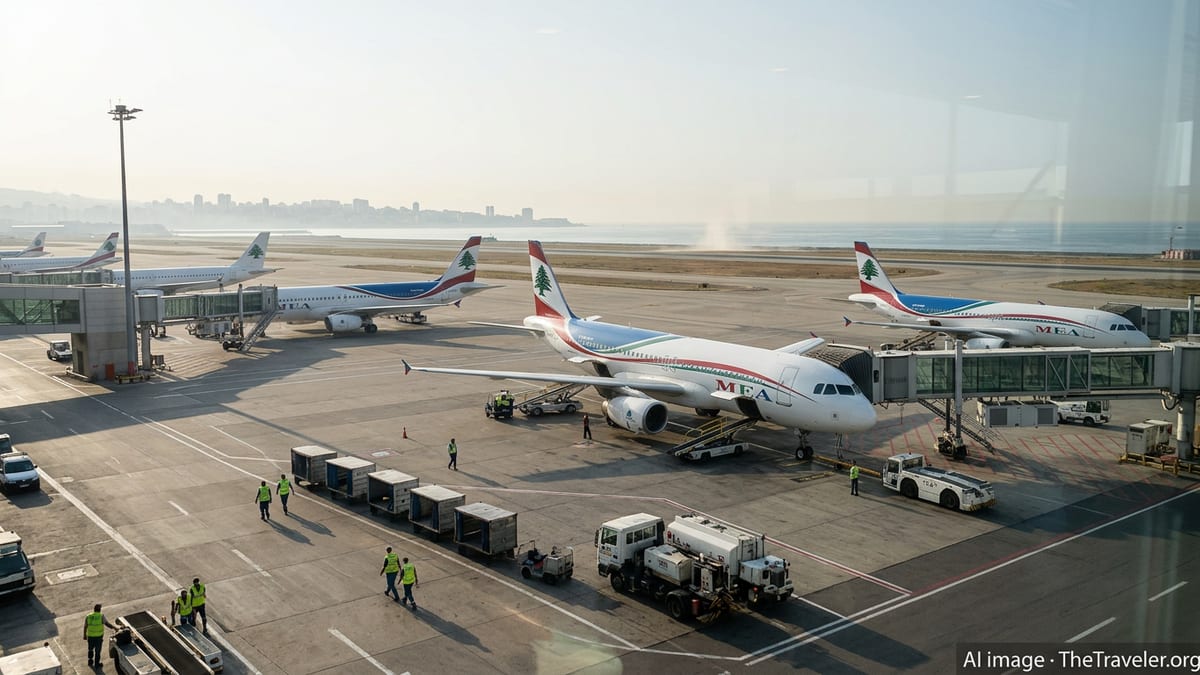 Middle East Airlines jets on the Beirut airport tarmac in hazy early morning light.