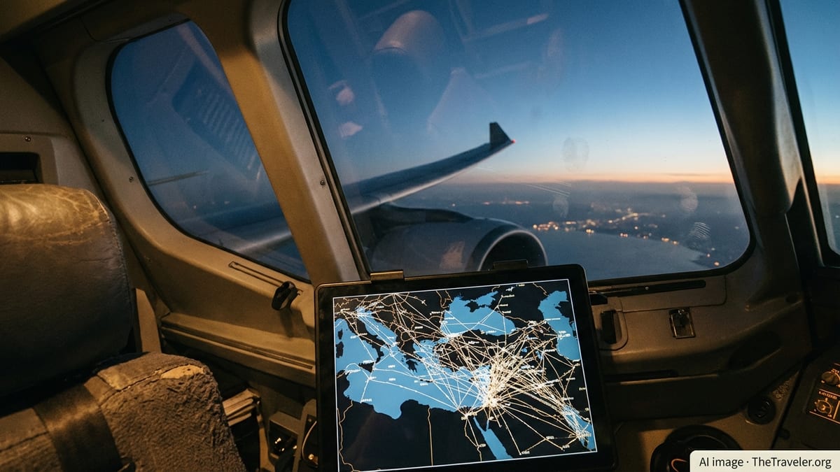 Aircraft wing over the Middle East at dawn with flight map glowing in the cabin.