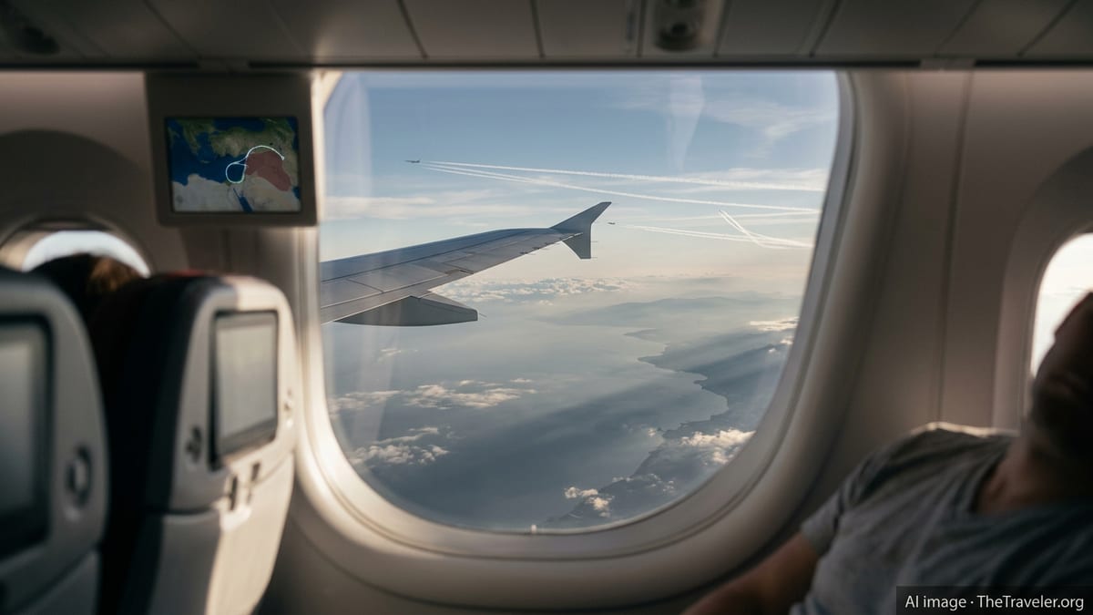 Aircraft wing seen from a passenger window above the eastern Mediterranean, with contrails showing rerouted traffic around a暗