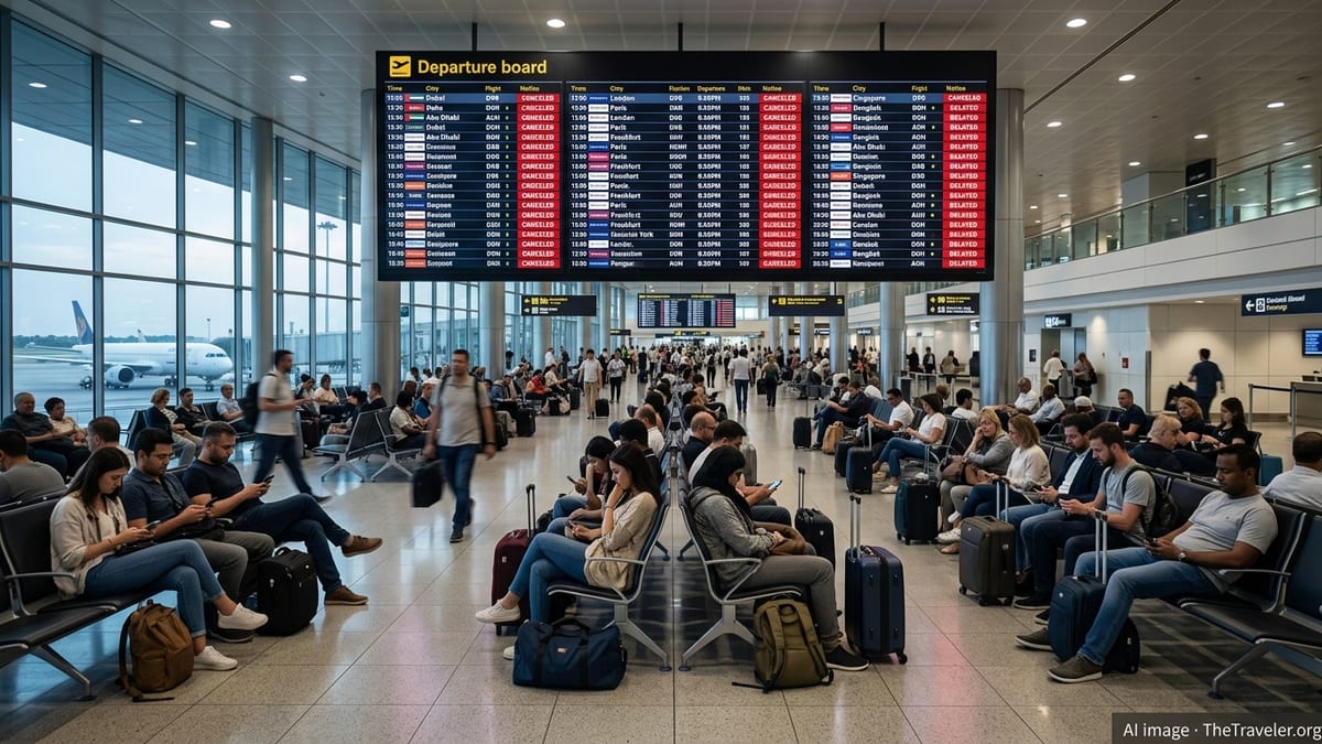 Passengers sit under a departure board listing canceled flights to Middle East hubs.
